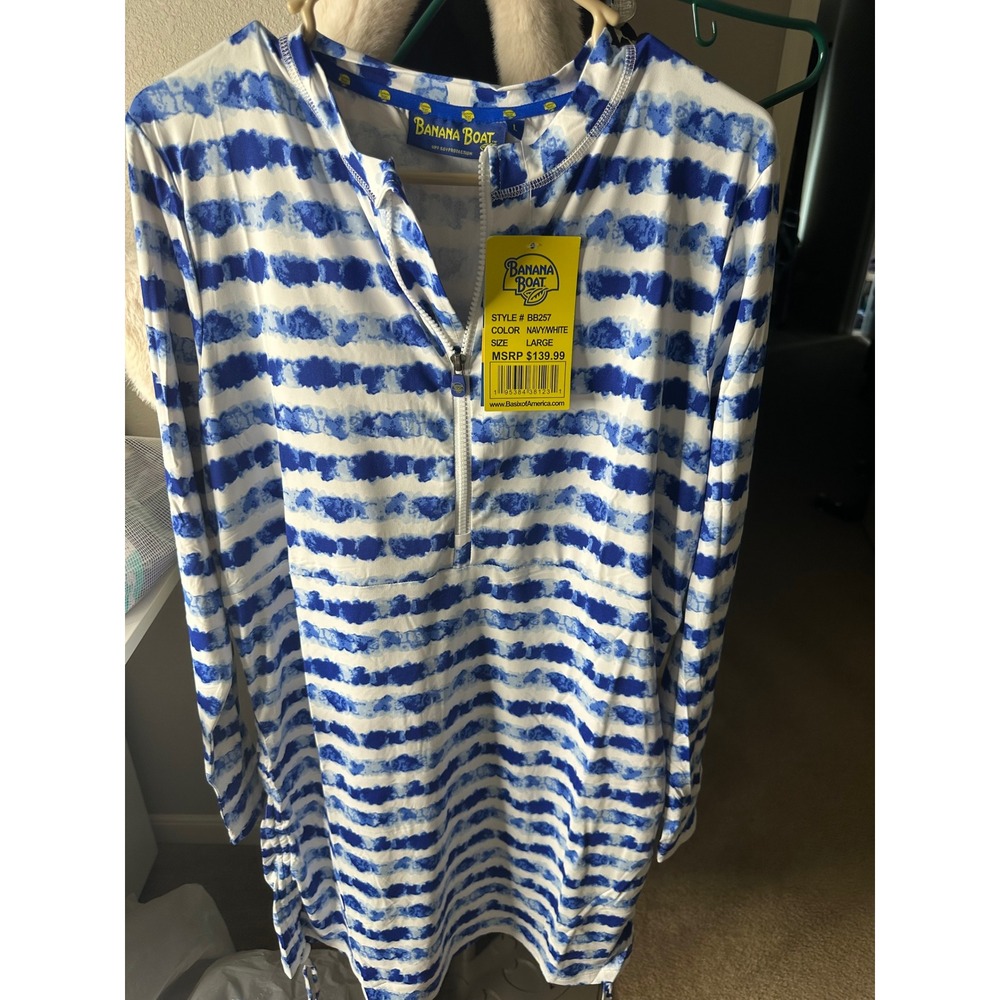 Banana Boat Swim Cover Up Women Large Navy White NEW UPF 50+ BB257 Stripe Zip